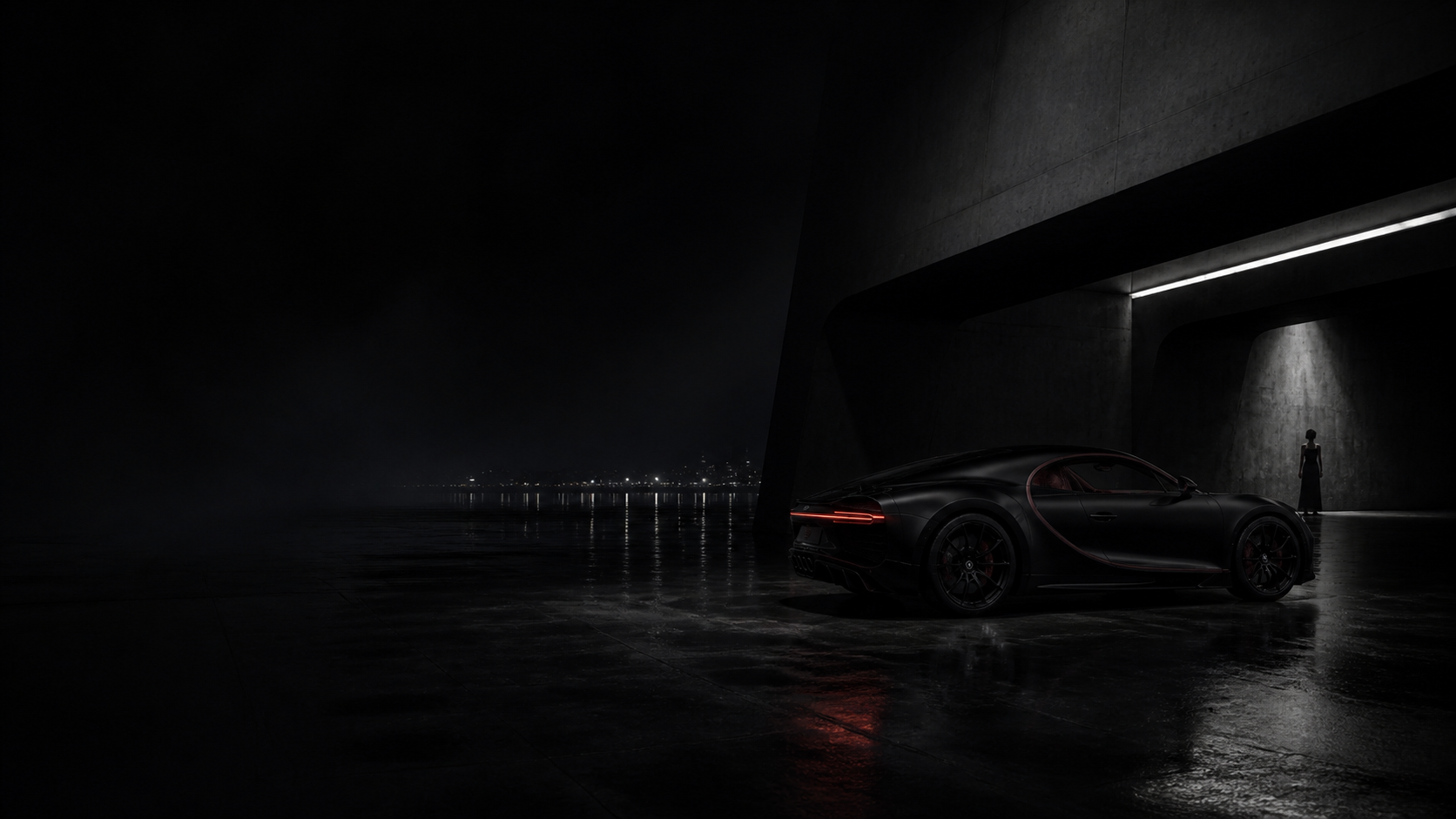 Norra and a dark automobile beneath modern architecture